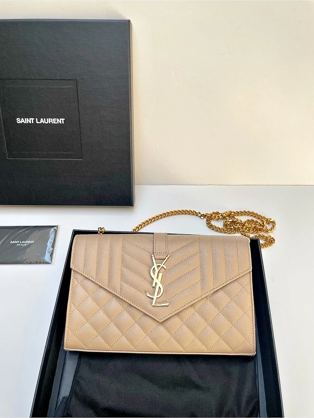 Saint Laurent Quilted Chain Wallet in Beige Like New